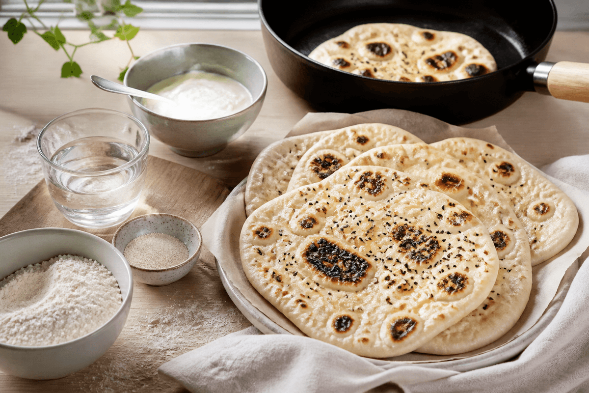 Naanbrød på panden anrettet i Madblikkets lyse nordiske billedstil med rettens vigtigste råvarer tydeligt synlige