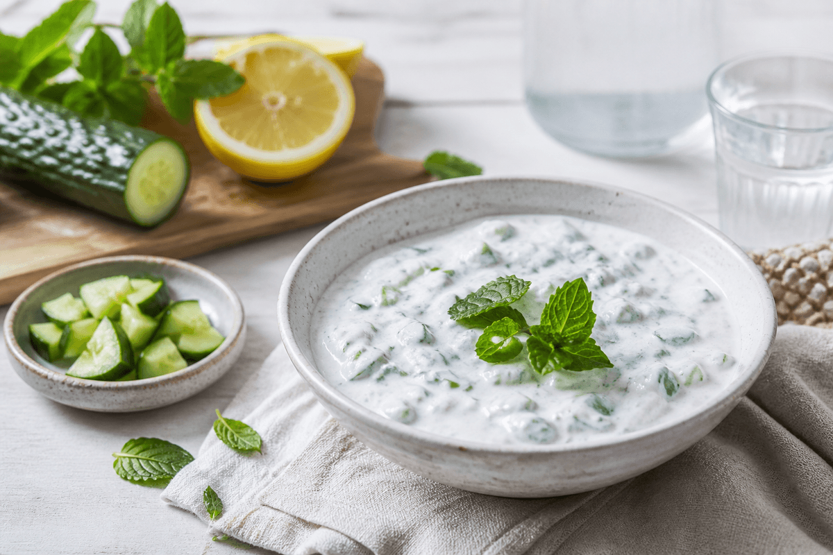 Raita med agurk og mynte – indisk yoghurtdip anrettet i Madblikkets lyse nordiske billedstil med rettens vigtigste råvarer tydeligt synlige