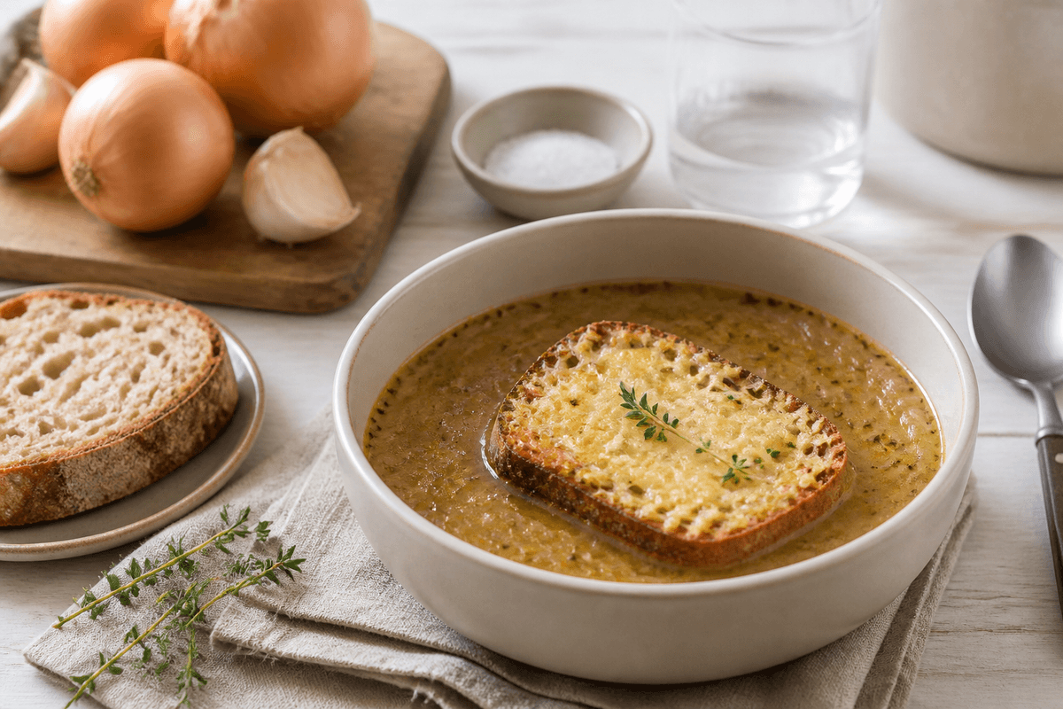 Løgsuppe med ostebrød anrettet i Madblikkets lyse nordiske billedstil med rettens vigtigste råvarer tydeligt synlige
