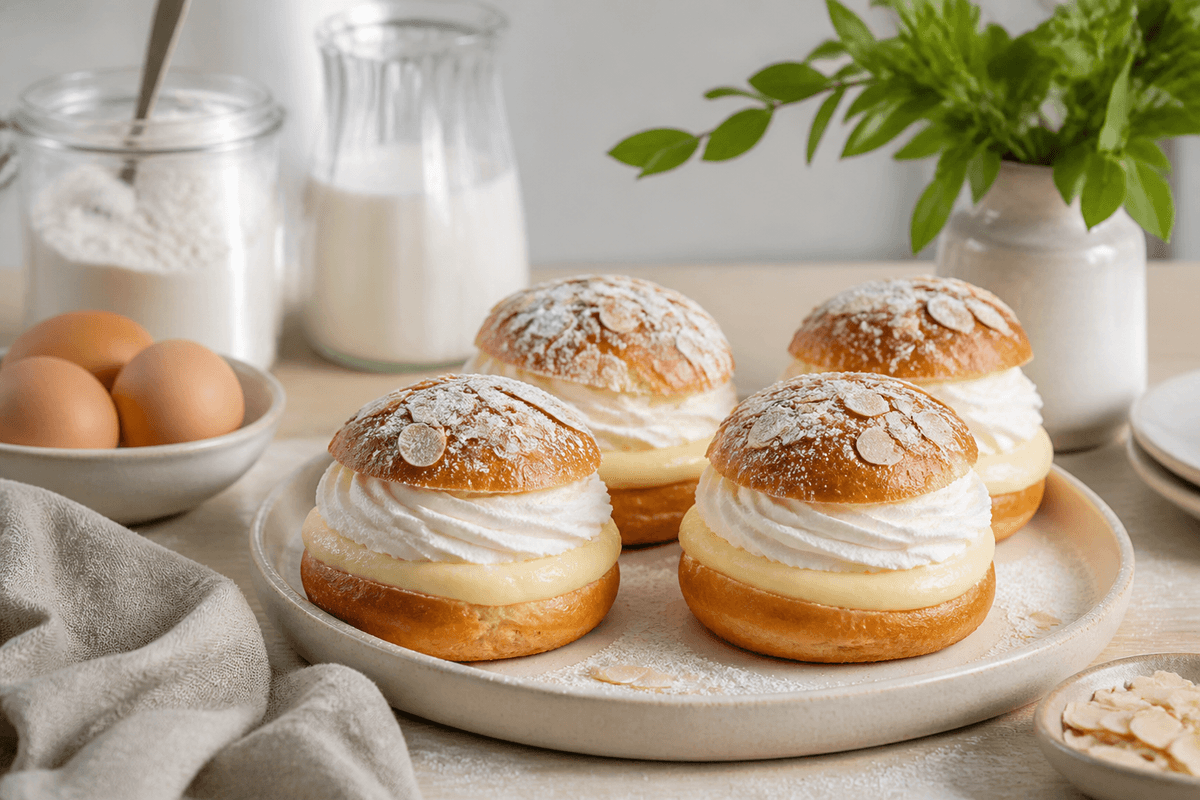 Klassiske fastelavnsboller med flødeskum og creme anrettet i Madblikkets lyse nordiske billedstil med rettens vigtigste råvarer tydeligt synlige