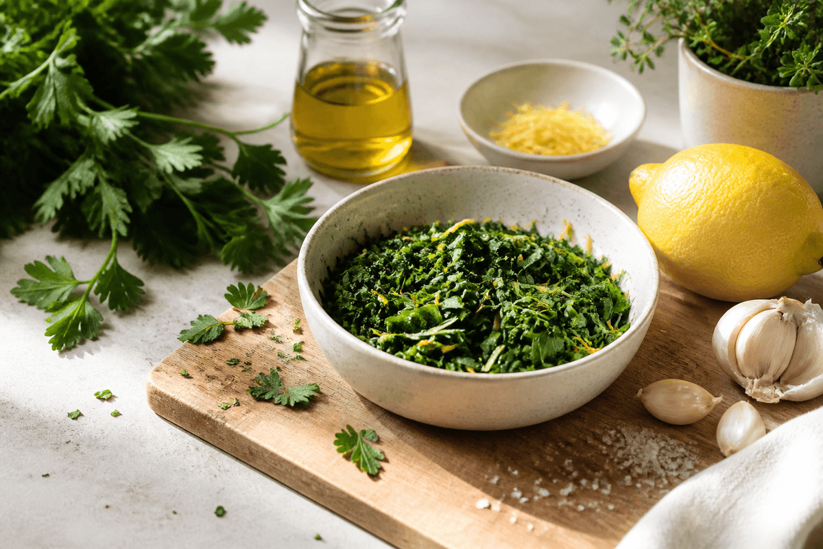 Gremolata anrettet i Madblikkets lyse nordiske billedstil med rettens vigtigste råvarer tydeligt synlige