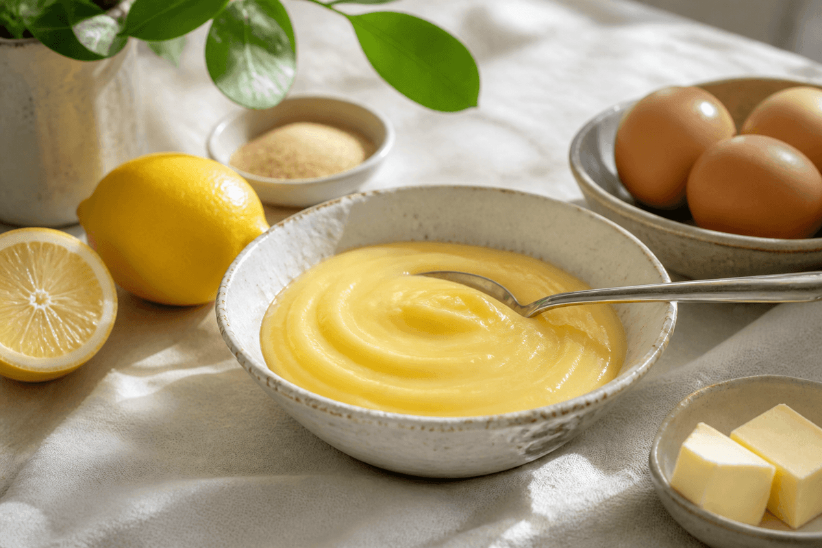 Lemoncurd anrettet i Madblikkets lyse nordiske billedstil med rettens vigtigste råvarer tydeligt synlige