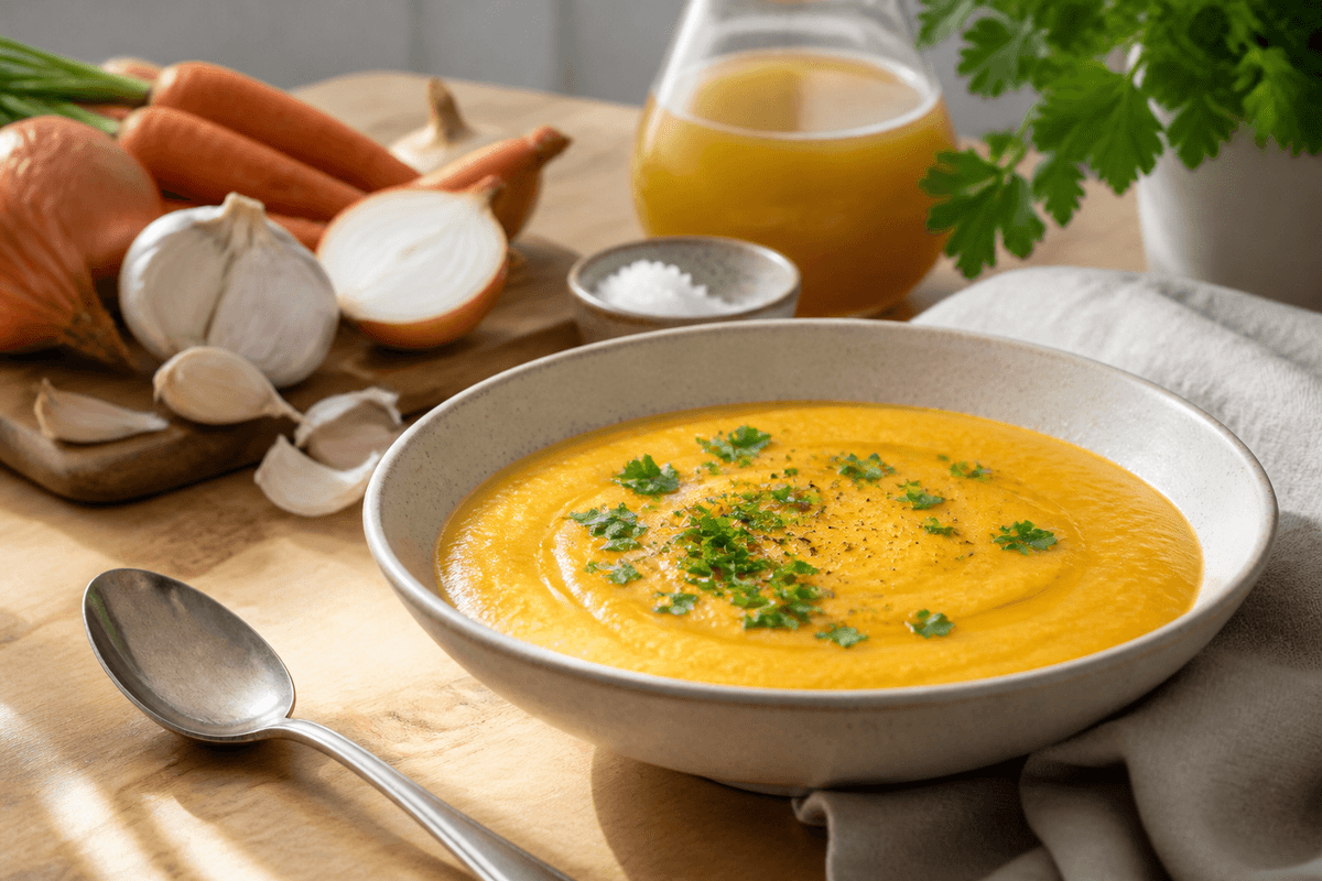 Gulerodssuppe anrettet i Madblikkets lyse nordiske billedstil med rettens vigtigste råvarer tydeligt synlige