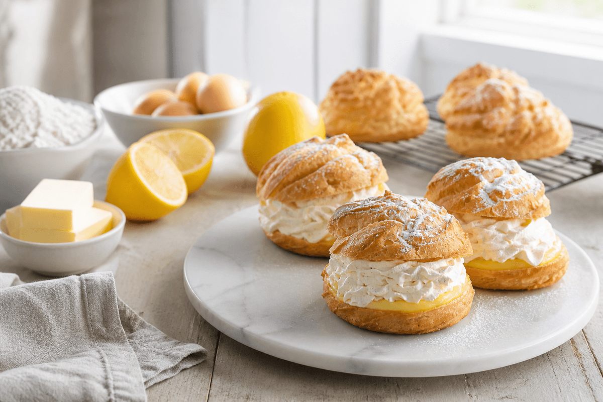 Fastelavnsboller med lemoncurd og citronskum anrettet i Madblikkets lyse nordiske billedstil med rettens vigtigste råvarer tydeligt synlige