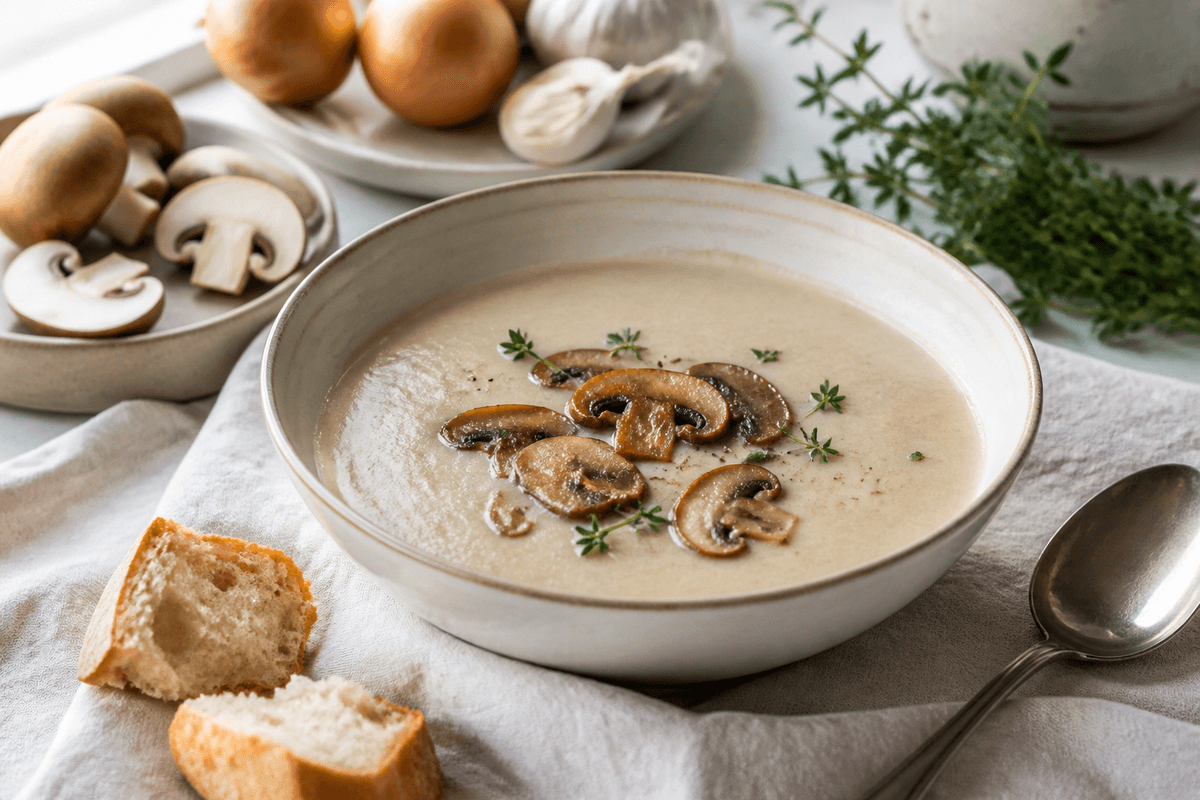Champignonsuppe anrettet i Madblikkets lyse nordiske billedstil med rettens vigtigste råvarer tydeligt synlige