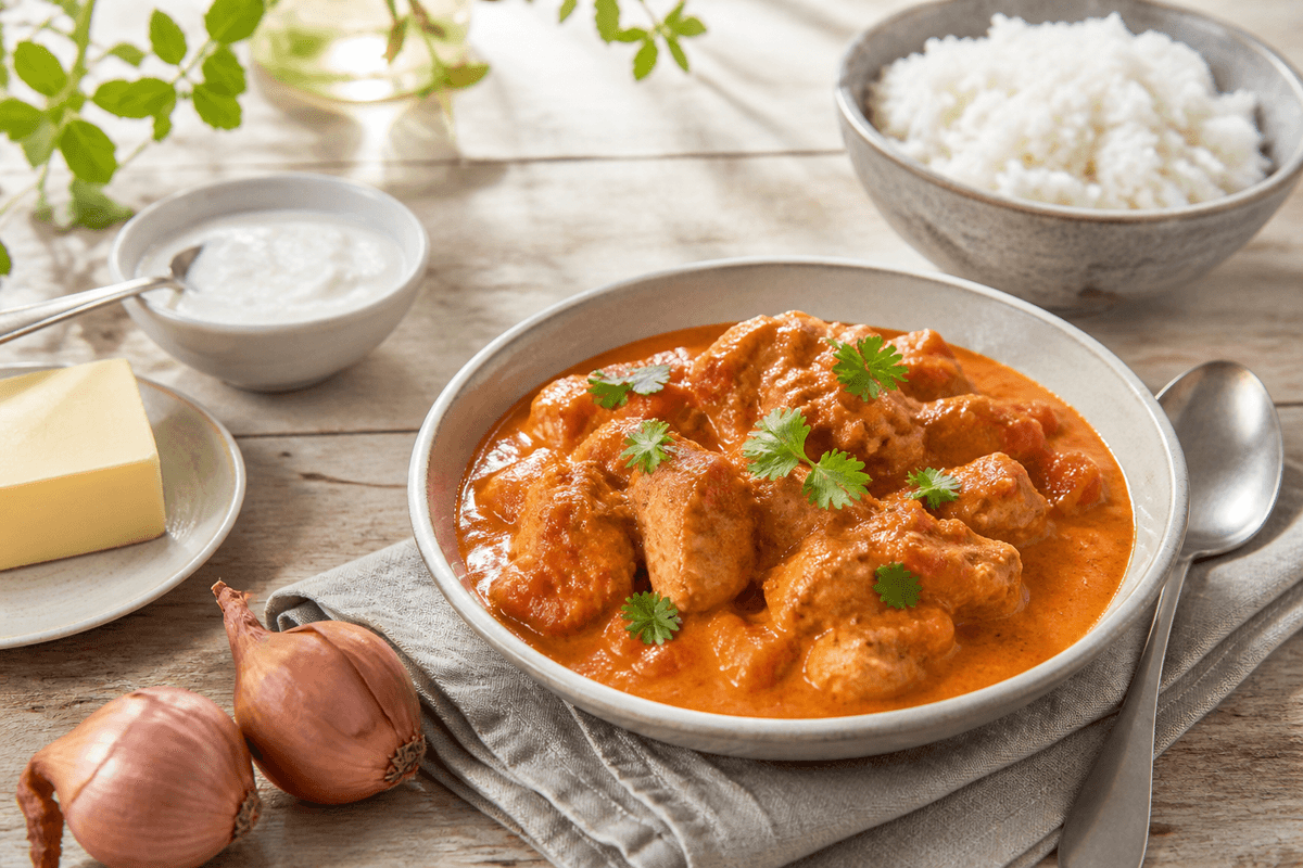 Butter chicken anrettet i Madblikkets lyse nordiske billedstil med rettens vigtigste råvarer tydeligt synlige