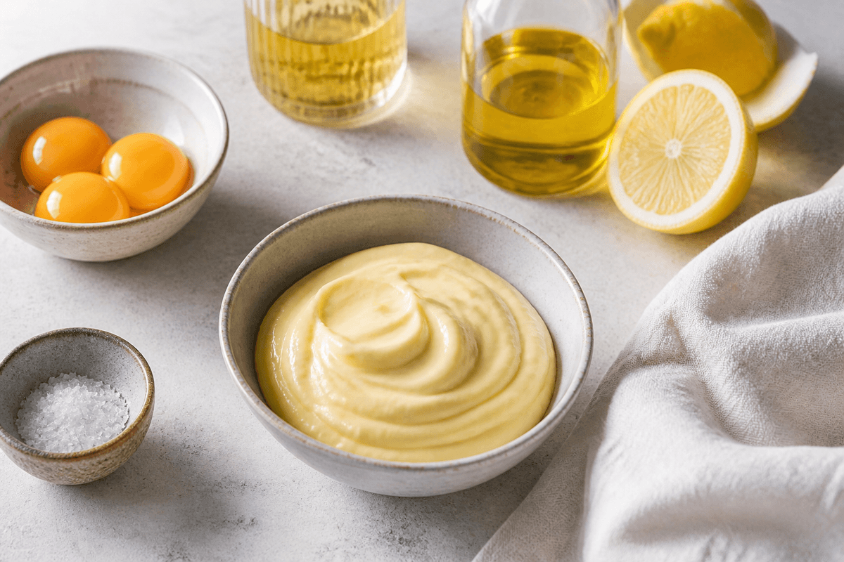 Hjemmelavet mayonnaise anrettet i Madblikkets lyse nordiske billedstil med rettens vigtigste råvarer tydeligt synlige