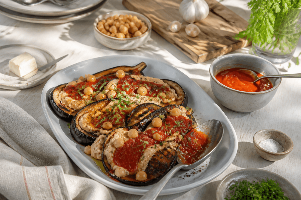 Grillede auberginer med hummuscreme og tomatsauce anrettet i Madblikkets lyse nordiske billedstil med rettens vigtigste råvarer tydeligt synlige