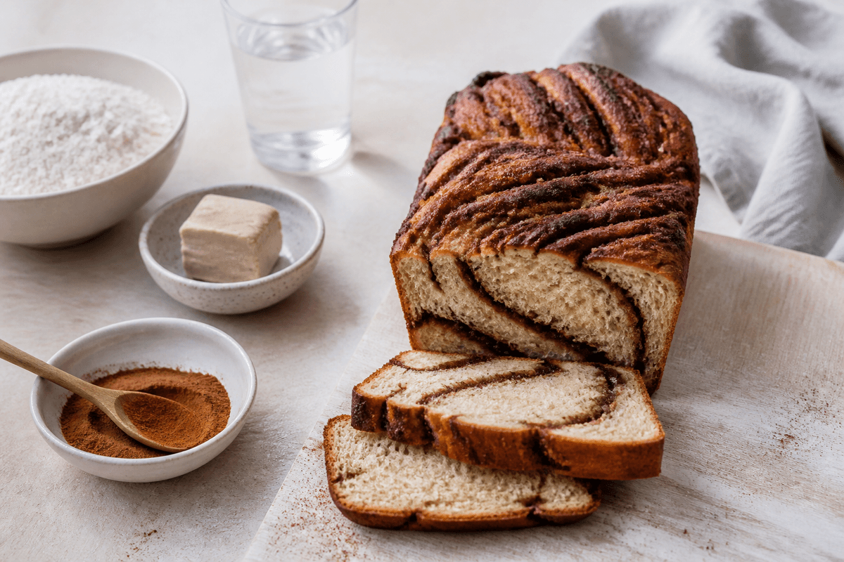 Kanelbrød anrettet i Madblikkets lyse nordiske billedstil med rettens vigtigste råvarer tydeligt synlige