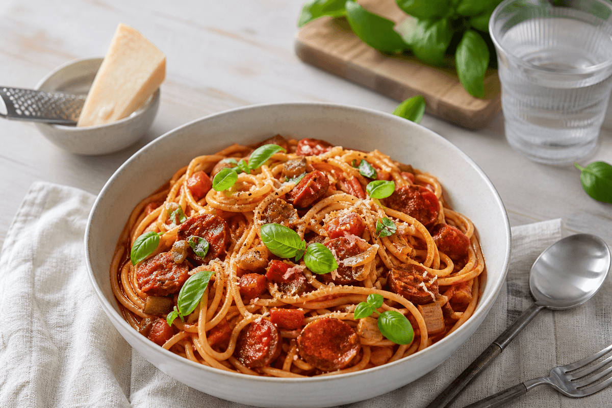 One pot pasta med chorizo anrettet i Madblikkets lyse nordiske billedstil med rettens vigtigste råvarer tydeligt synlige