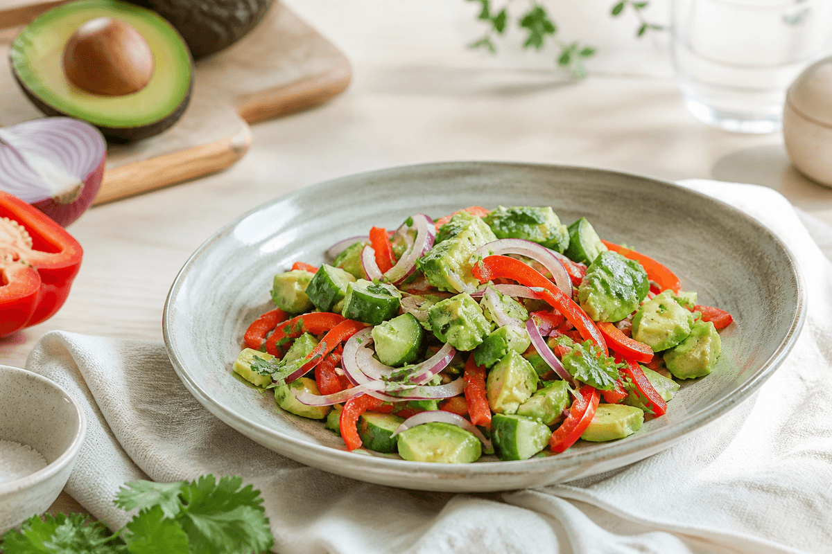 Avocadosalat med agurk, rødløg og rød peber anrettet i Madblikkets lyse nordiske billedstil med rettens vigtigste råvarer tydeligt synlige