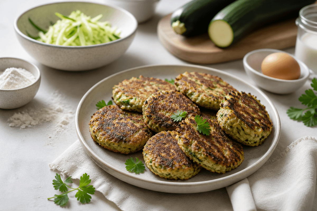 Squash frikadeller anrettet i Madblikkets lyse nordiske billedstil med rettens vigtigste råvarer tydeligt synlige
