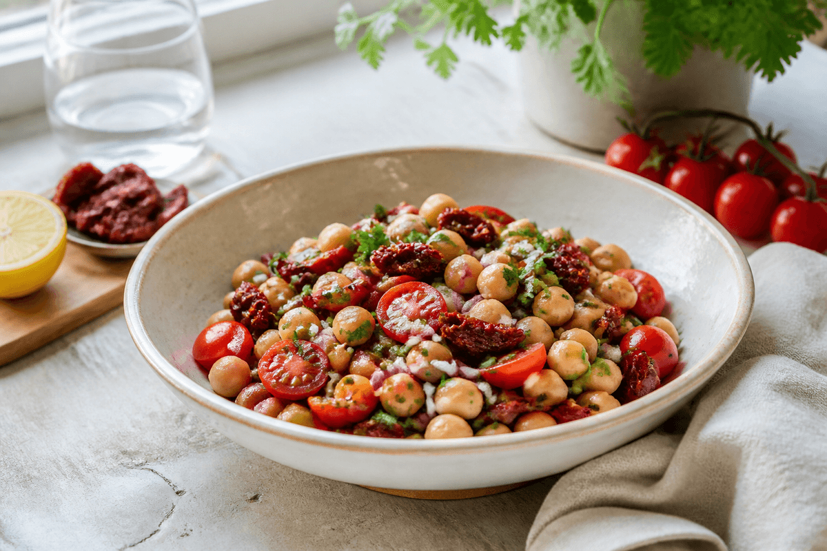 Kikærtesalat med soltørrede tomater anrettet i Madblikkets lyse nordiske billedstil med rettens vigtigste råvarer tydeligt synlige
