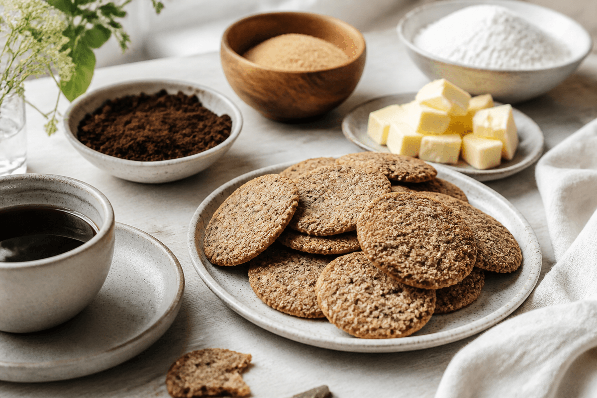 Kaffe cookies – sprøde cookies med kaffegrums anrettet i Madblikkets lyse nordiske billedstil med rettens vigtigste råvarer tydeligt synlige