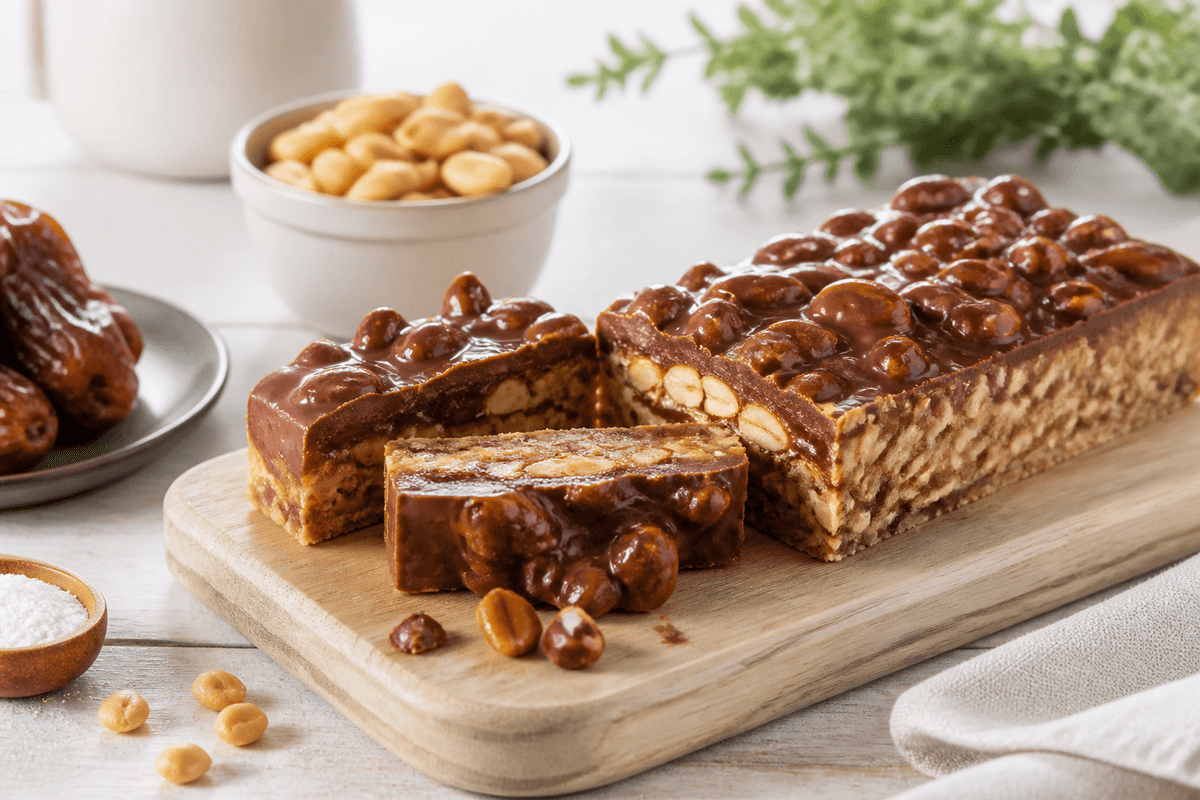 Snickerskage med dadler og peanuts anrettet i Madblikkets lyse nordiske billedstil med rettens vigtigste råvarer tydeligt synlige