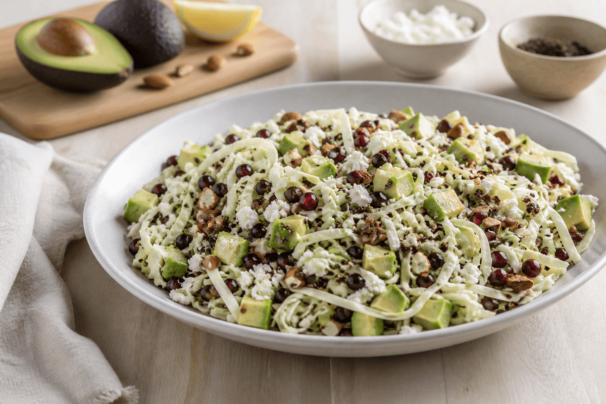 Quinoasalat med avocado, spidskål og feta anrettet i Madblikkets lyse nordiske billedstil med rettens vigtigste råvarer tydeligt synlige