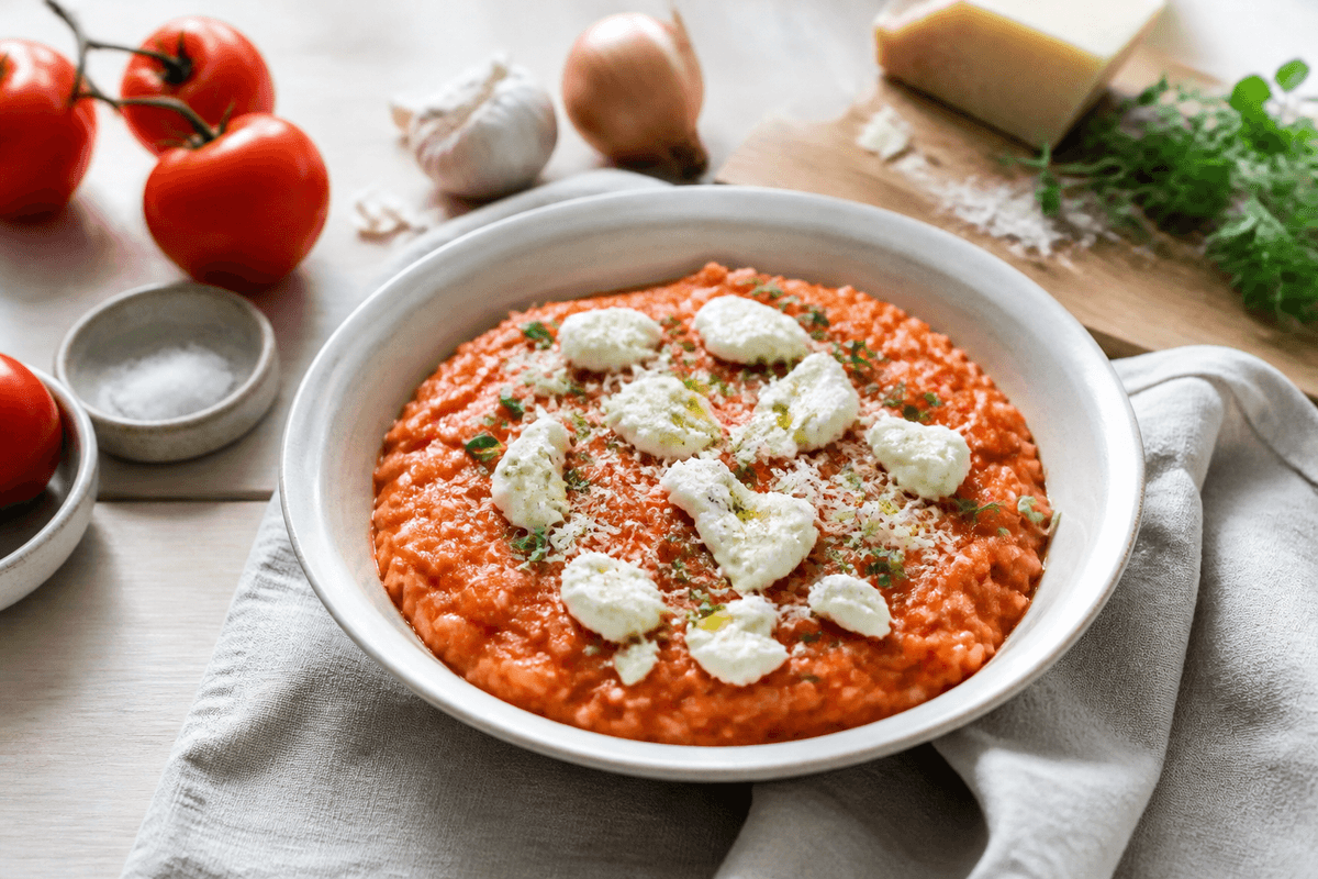 Tomatrisotto anrettet i Madblikkets lyse nordiske billedstil med rettens vigtigste råvarer tydeligt synlige