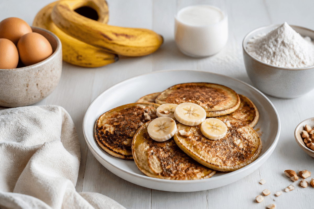 Bananpandekager anrettet i Madblikkets lyse nordiske billedstil med rettens vigtigste råvarer tydeligt synlige