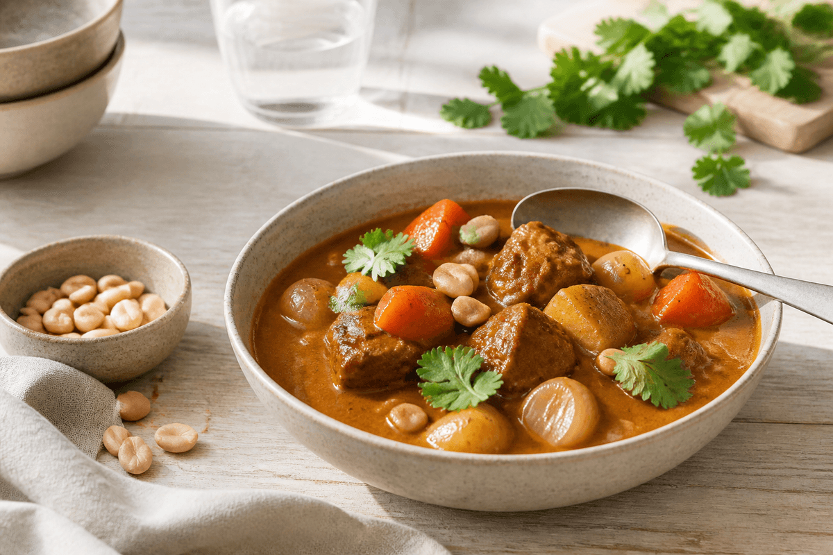 Massaman curry anrettet i Madblikkets lyse nordiske billedstil med rettens vigtigste råvarer tydeligt synlige
