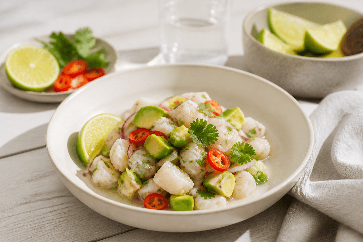 Ceviche med torsk, avocado og lime anrettet i Madblikkets lyse nordiske billedstil med rettens vigtigste råvarer tydeligt synlige