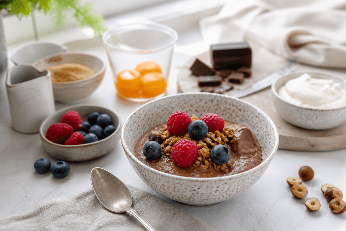 Chokolademousse med hasselnøddeknas og bær anrettet i Madblikkets lyse nordiske billedstil med rettens vigtigste råvarer tydeligt synlige