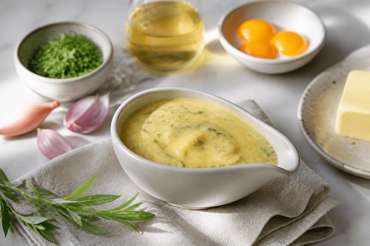 Bearnaise sauce anrettet i Madblikkets lyse nordiske billedstil med rettens vigtigste råvarer tydeligt synlige