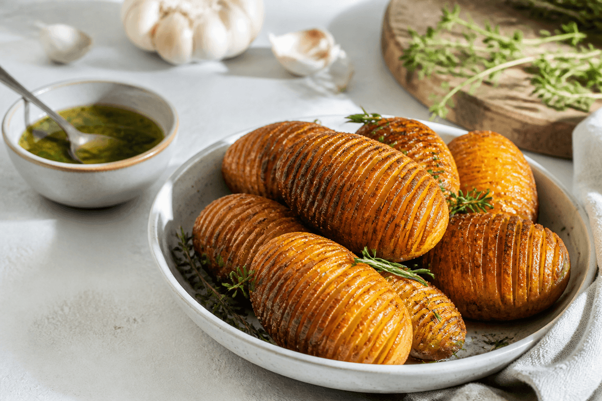 Hasselback kartofler anrettet i Madblikkets lyse nordiske billedstil med rettens vigtigste råvarer tydeligt synlige