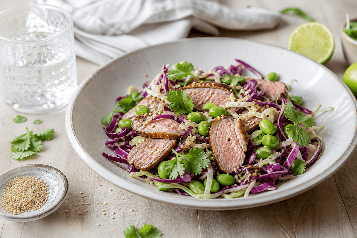 Thai salat med and, sesam og soya anrettet i Madblikkets lyse nordiske billedstil med rettens vigtigste råvarer tydeligt synlige