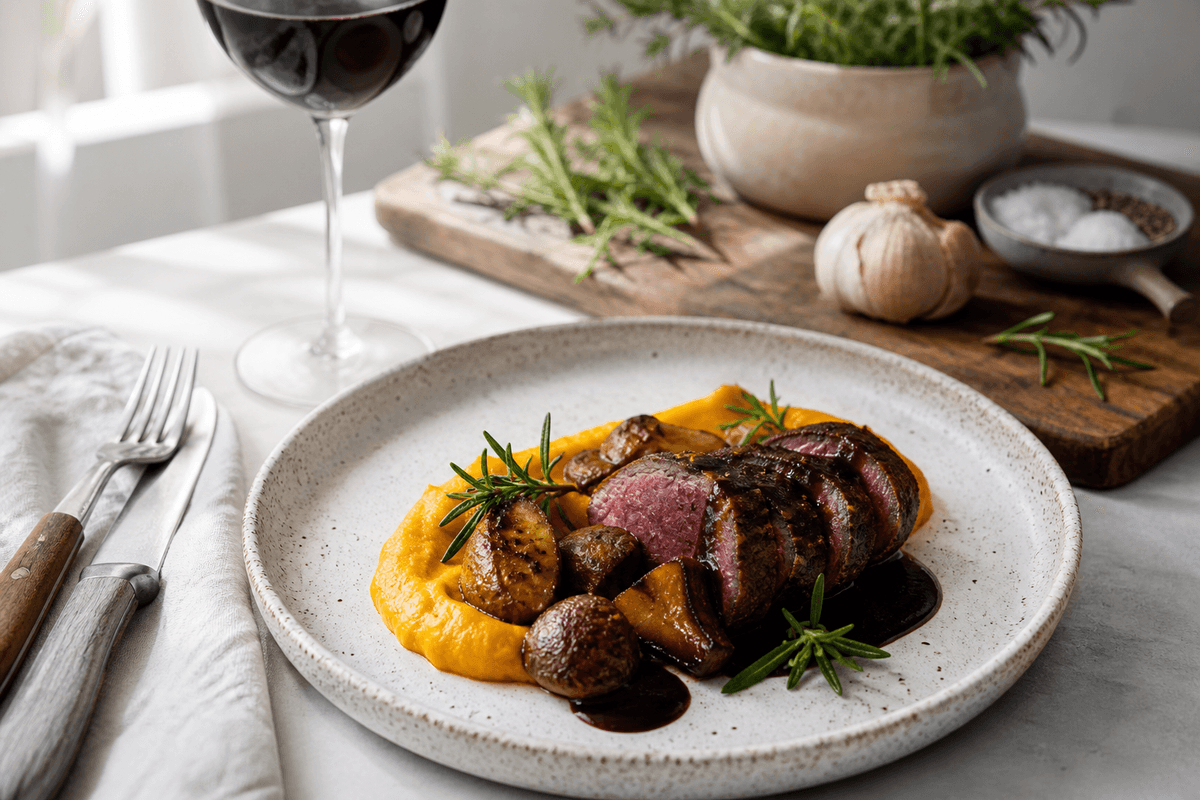 Krondyrfilet med brunet rosmarinsmør, græskarcreme og rødvinssauce anrettet i Madblikkets lyse nordiske billedstil med rettens vigtigste råvarer tydeligt synlige