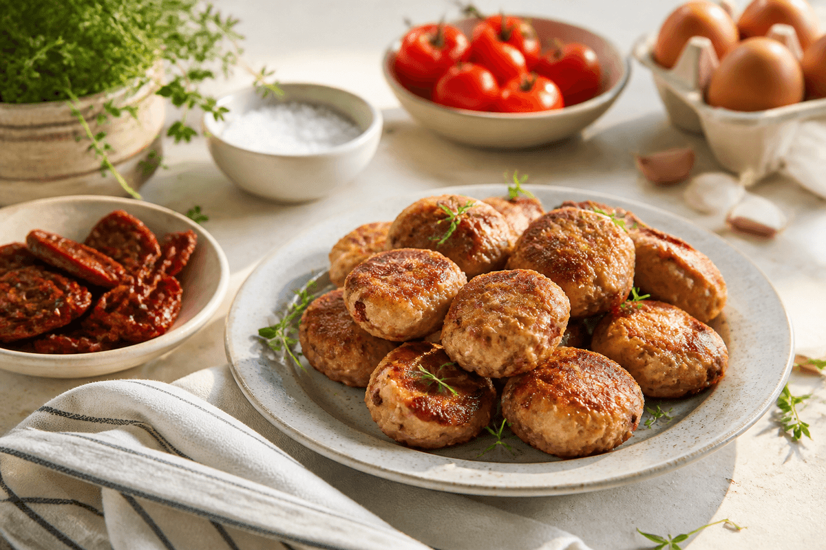 Kyllingefrikadeller med soltørrede tomater anrettet i Madblikkets lyse nordiske billedstil med rettens vigtigste råvarer tydeligt synlige