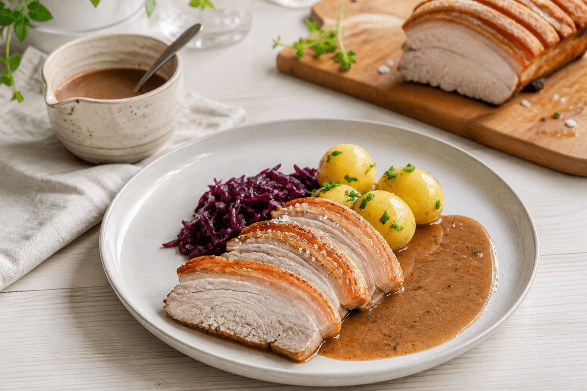 Flæskesteg og flæskestegssauce anrettet i Madblikkets lyse nordiske billedstil med rettens vigtigste råvarer tydeligt synlige
