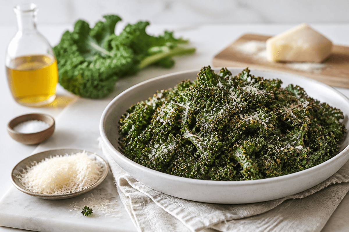 Grønkålschips med parmesan anrettet i Madblikkets lyse nordiske billedstil med rettens vigtigste råvarer tydeligt synlige
