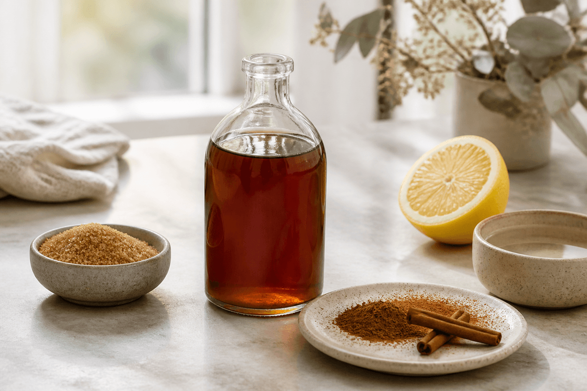 Kanelsirup anrettet i Madblikkets lyse nordiske billedstil med rettens vigtigste råvarer tydeligt synlige