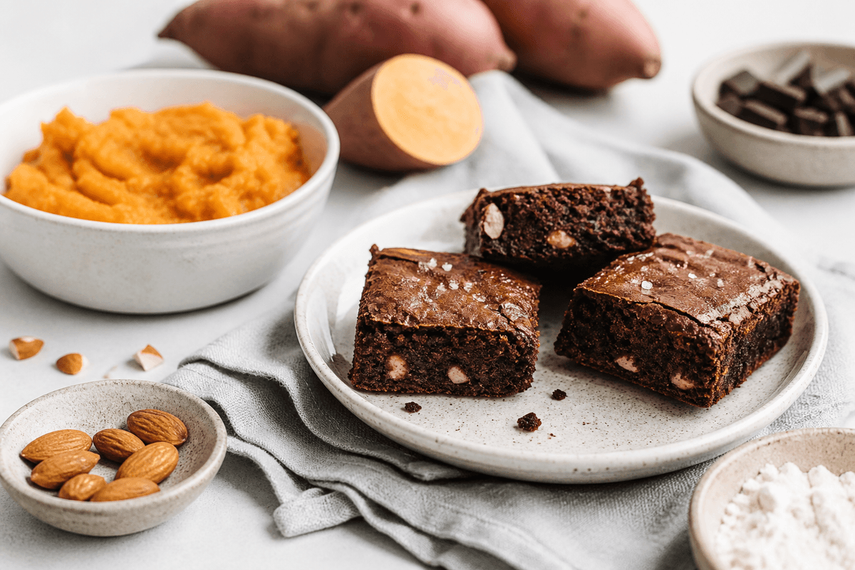 Sød kartoffelbrownie med chokolade og mandler anrettet i Madblikkets lyse nordiske billedstil med rettens vigtigste råvarer tydeligt synlige