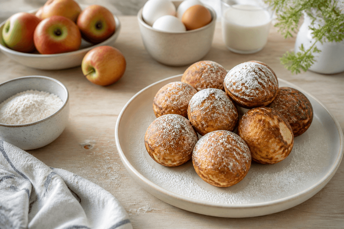 Æbleskiver med kærnemælk anrettet i Madblikkets lyse nordiske billedstil med rettens vigtigste råvarer tydeligt synlige