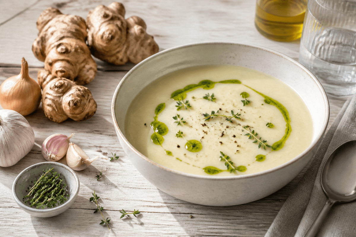 Jordskokkesuppe med urteolie anrettet i Madblikkets lyse nordiske billedstil med rettens vigtigste råvarer tydeligt synlige