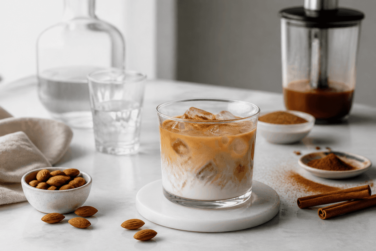 White russian med kanelsirup og mandel anrettet i Madblikkets lyse nordiske billedstil med rettens vigtigste råvarer tydeligt synlige
