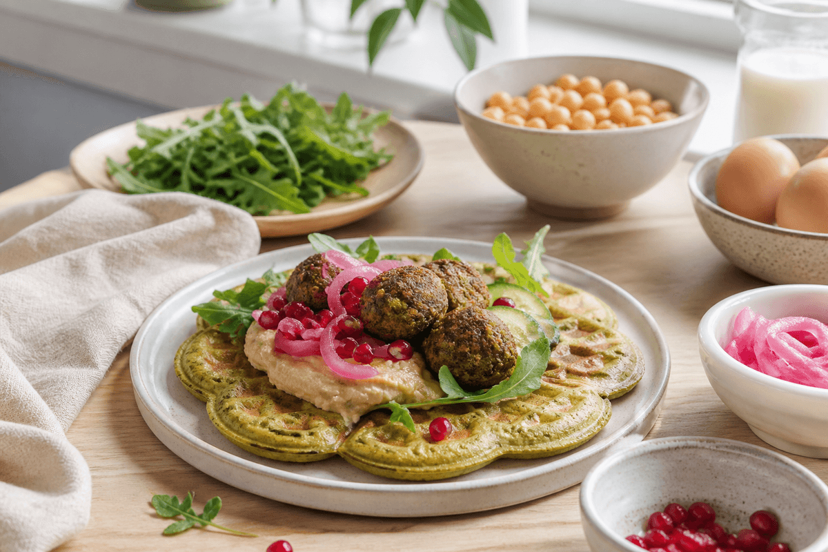 Falafel vaffel med forskellige toppings anrettet i Madblikkets lyse nordiske billedstil med rettens vigtigste råvarer tydeligt synlige