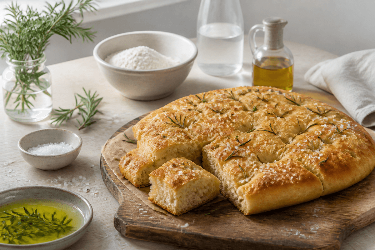 Foccacia brød med rosmarin anrettet i Madblikkets lyse nordiske billedstil med rettens vigtigste råvarer tydeligt synlige
