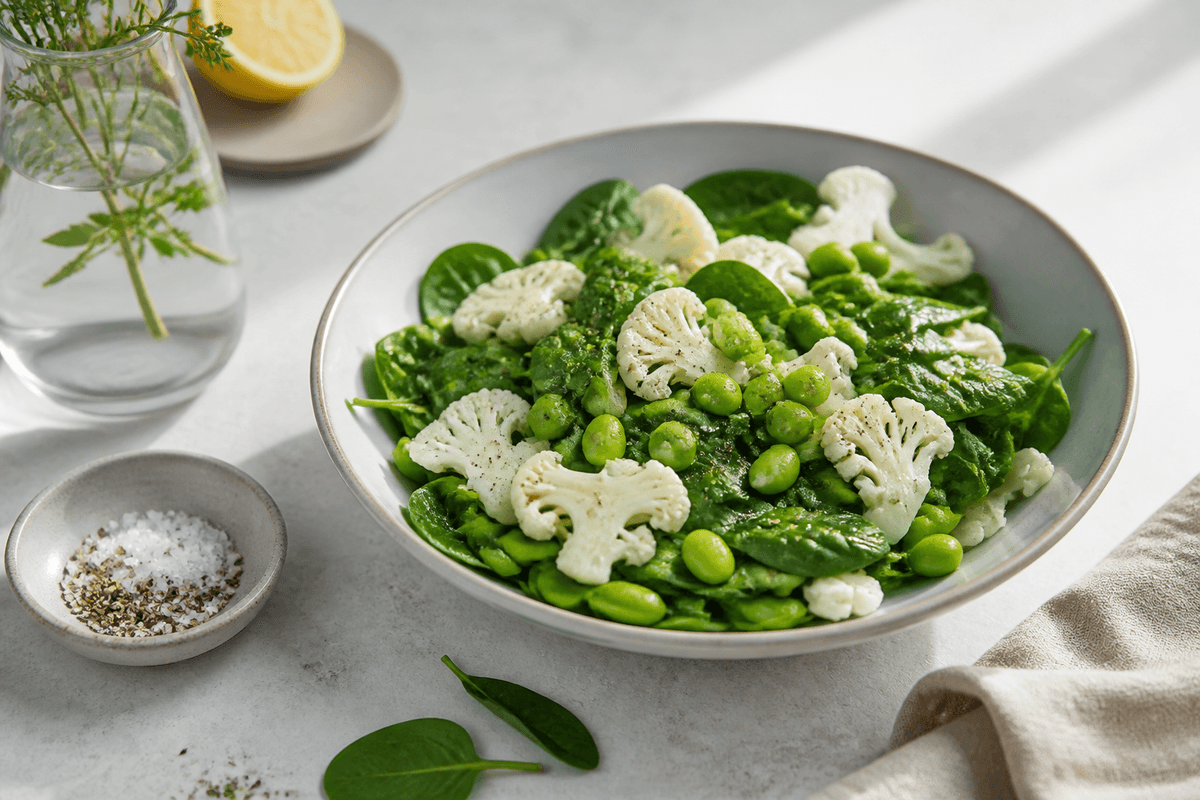 Spinatsalat med edamame bønner og blomkål anrettet i Madblikkets lyse nordiske billedstil med rettens vigtigste råvarer tydeligt synlige