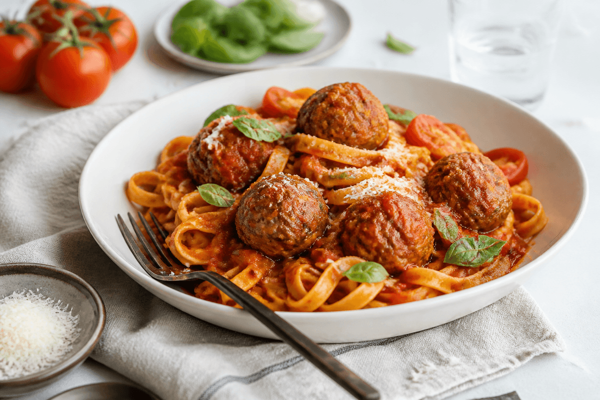 Italienske kødboller i tomatsauce med pasta anrettet i Madblikkets lyse nordiske billedstil med rettens vigtigste råvarer tydeligt synlige