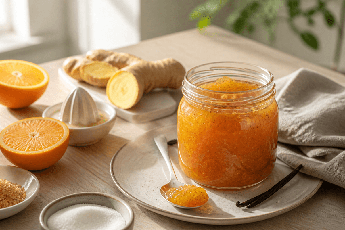 Appelsinmarmelade med ingefær og vanilje anrettet i Madblikkets lyse nordiske billedstil med rettens vigtigste råvarer tydeligt synlige