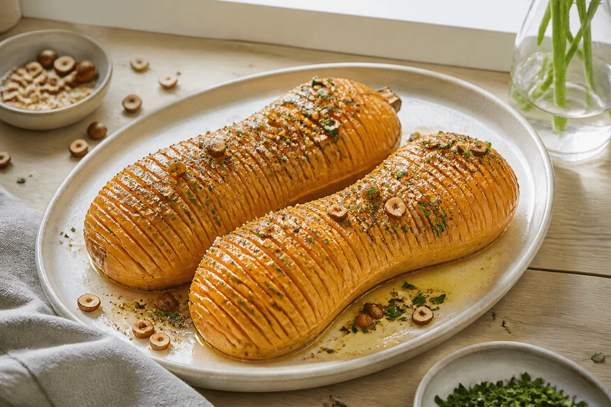 Hasselback butternut squash med urtesmør og hasselnødder anrettet i Madblikkets lyse nordiske billedstil med rettens vigtigste råvarer tydeligt synlige