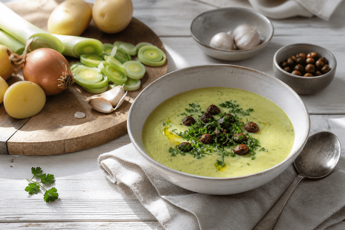 Kartoffel porre suppe anrettet i Madblikkets lyse nordiske billedstil med rettens vigtigste råvarer tydeligt synlige