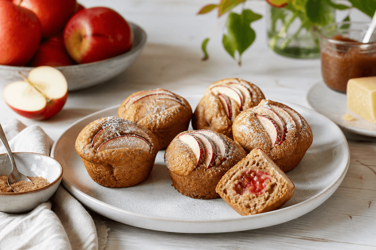 Æblemuffins med marcipan og æblesmør anrettet i Madblikkets lyse nordiske billedstil med rettens vigtigste råvarer tydeligt synlige
