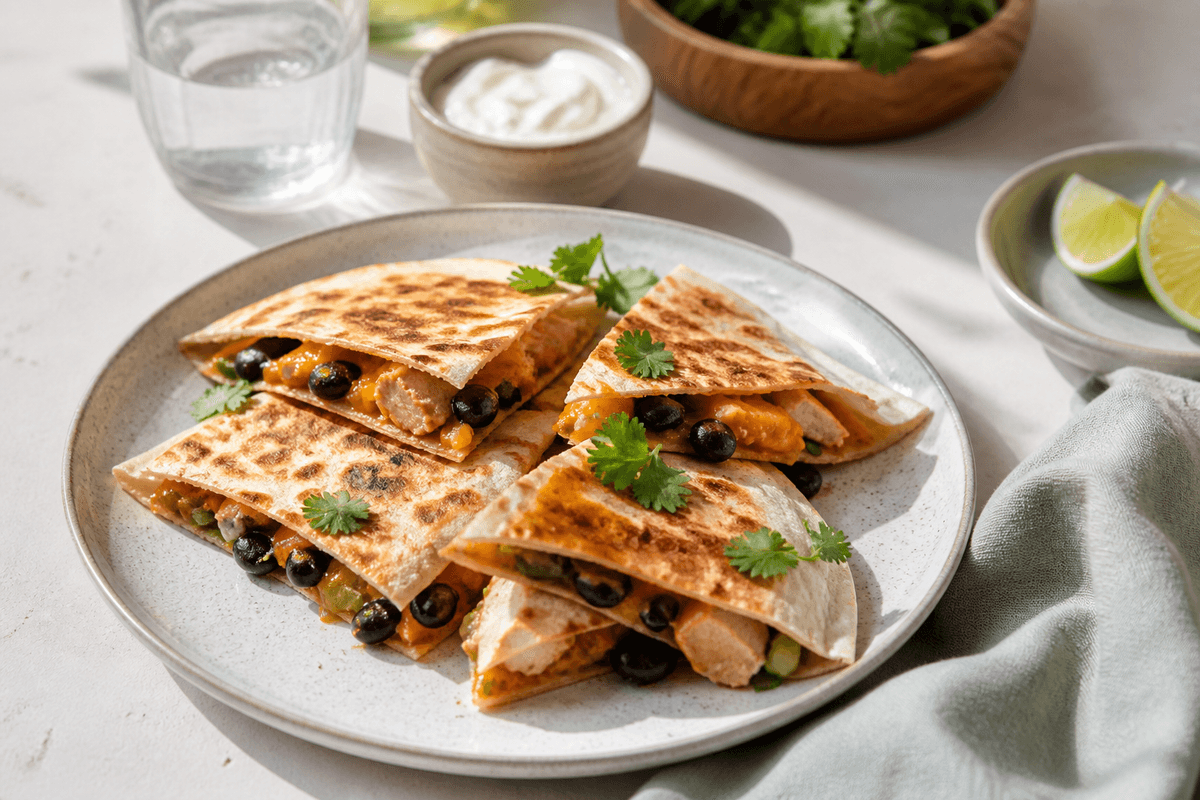 Quesadillas med kylling, cheddar og bønner anrettet i Madblikkets lyse nordiske billedstil med rettens vigtigste råvarer tydeligt synlige