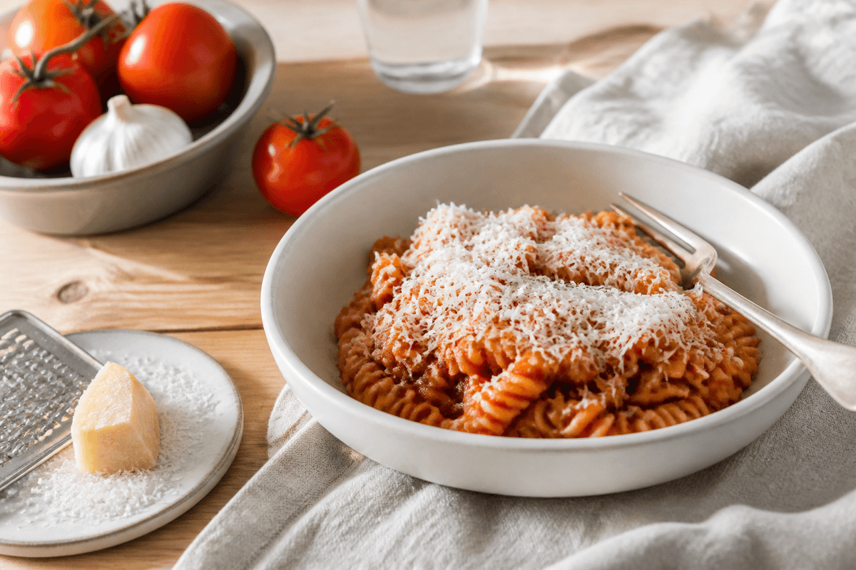 Pasta med tomatsauce anrettet i Madblikkets lyse nordiske billedstil med rettens vigtigste råvarer tydeligt synlige