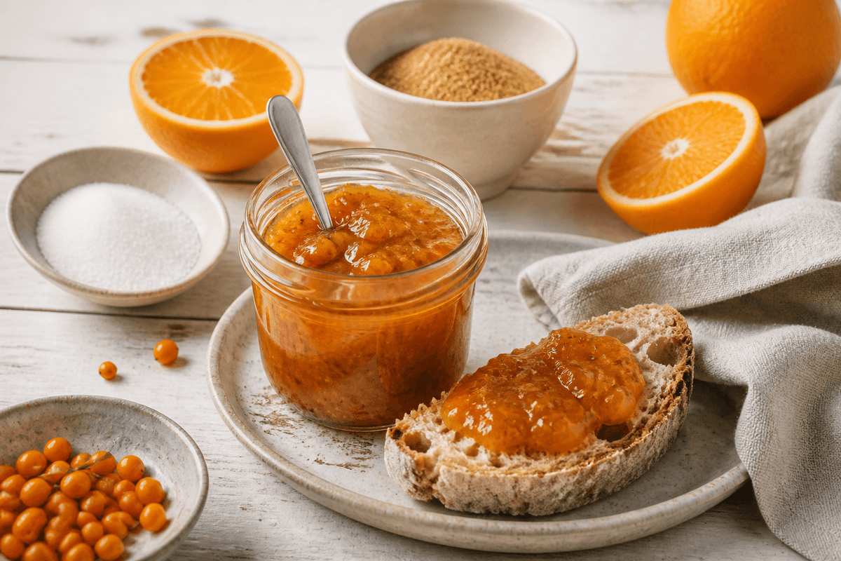 Havtornmarmelade med appelsin og vanilje anrettet i Madblikkets lyse nordiske billedstil med rettens vigtigste råvarer tydeligt synlige