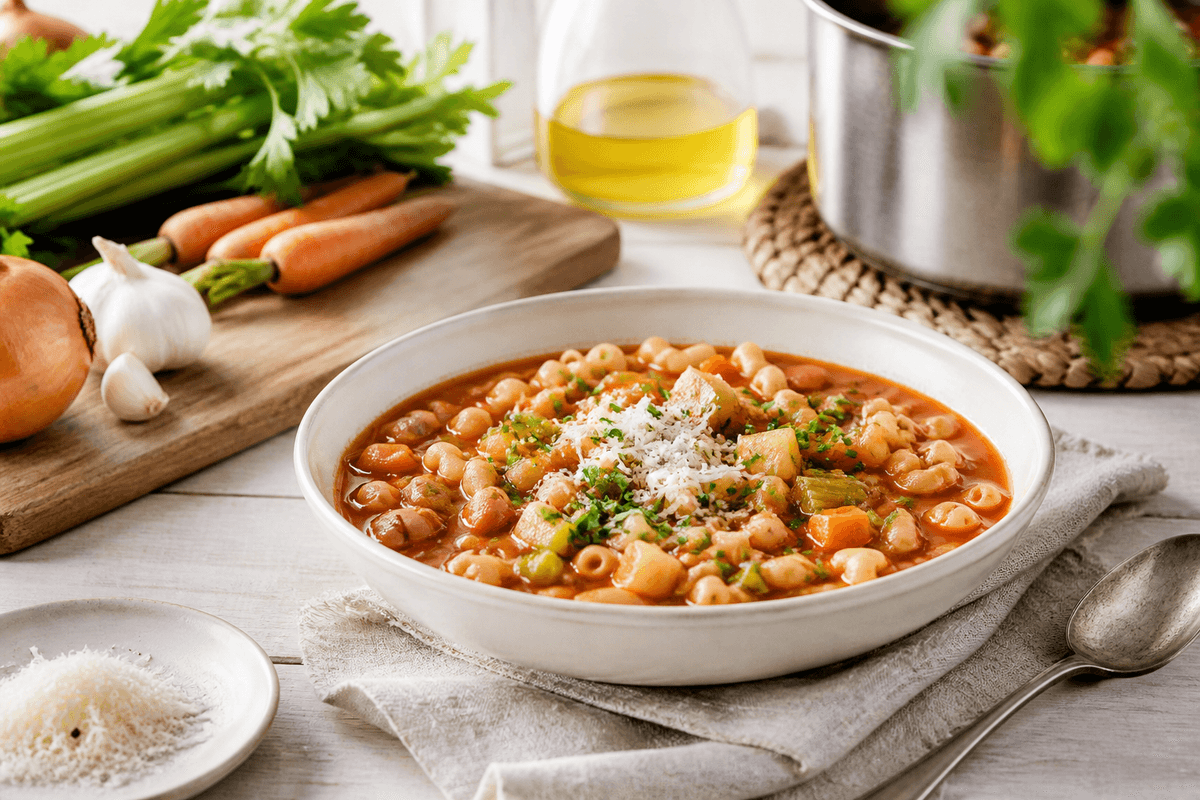 Minestronesuppe anrettet i Madblikkets lyse nordiske billedstil med rettens vigtigste råvarer tydeligt synlige