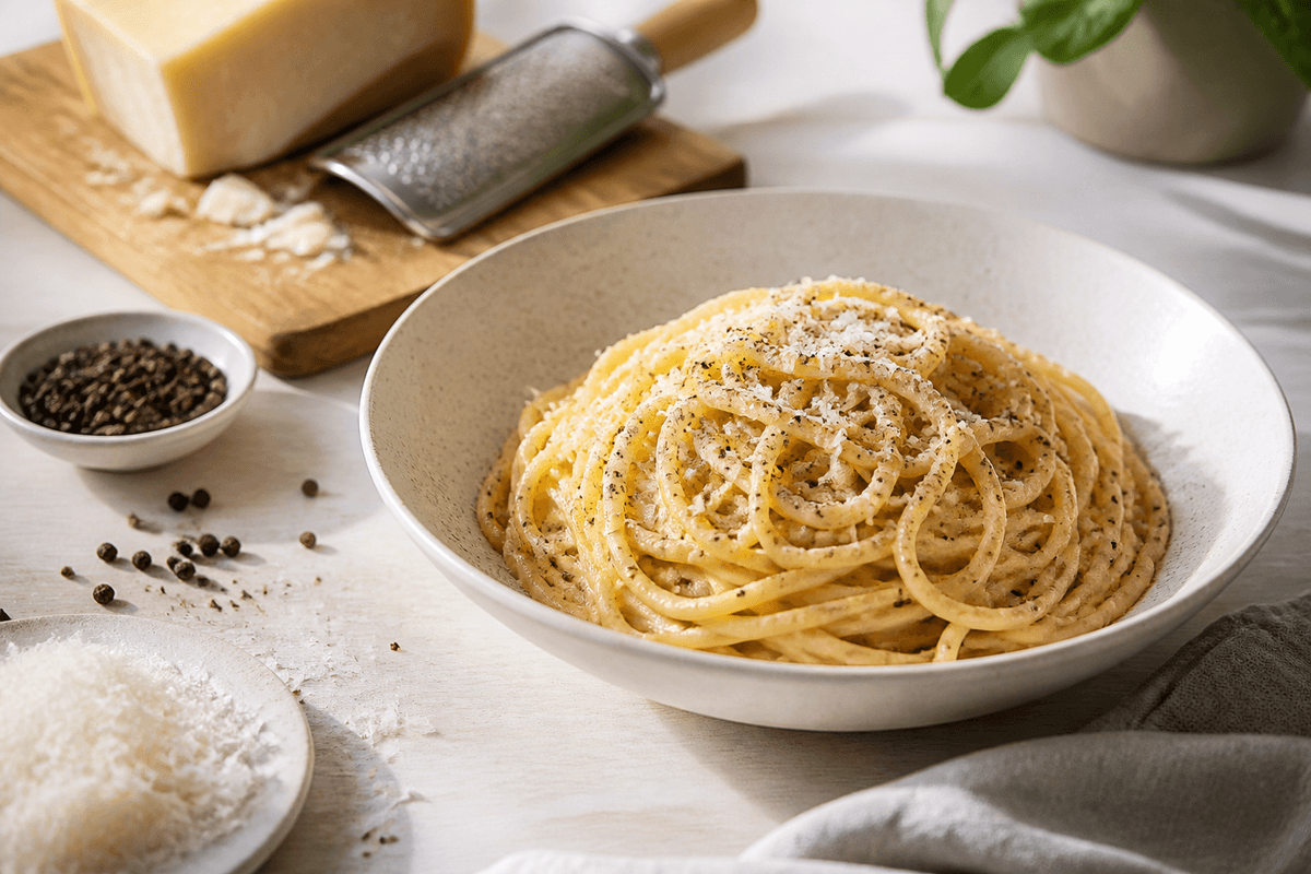 Cacio e pepe anrettet i Madblikkets lyse nordiske billedstil med rettens vigtigste råvarer tydeligt synlige